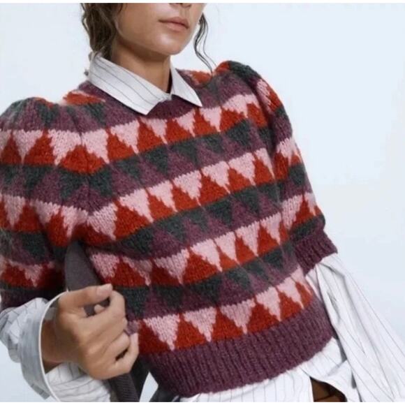 Zara Puff Shoulder Mohair Sweater Small Purple Patterned Holiday Pullover - Picture 2 of 10